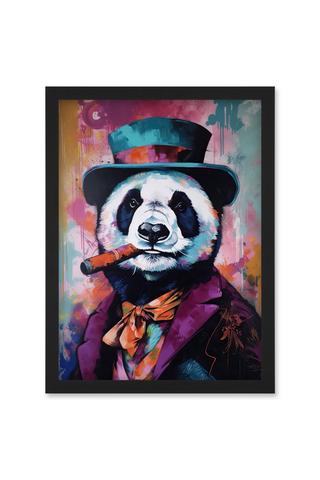 Product Panda Portrait with Purple Suit Top Hat and Cigar Artwork Framed Wall Art Print A4 Black