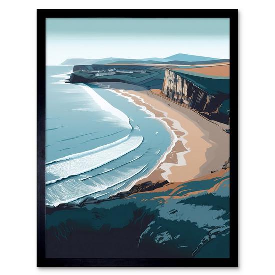 Artery8 Wall Art Print Rhossili Bay Cliffs Over Beach Coastal Landscape Art Framed 1