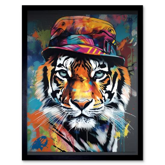 Artery8 Wall Art Print Tiger Wearing a Bucket Hat Vibrant Multicoloured Art Framed 1