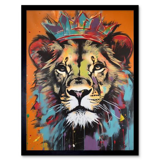 Artery8 Wall Art Print Lion Wearing Crown Jungle King Animal Portrait Art Framed 1