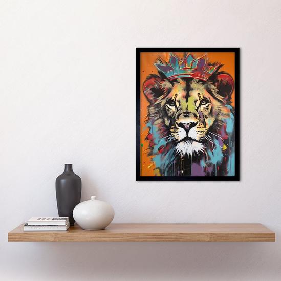 Artery8 Wall Art Print Lion Wearing Crown Jungle King Animal Portrait Art Framed 2