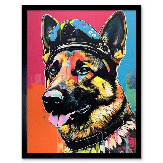 Artery8 Wall Art Print German Shepherd Wearing Police Hat Modern Pop Art Framed 1