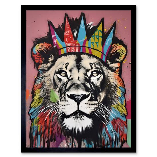 Artery8 Wall Art Print Lion with Crown King of the Jungle Modern Pop Art Framed 1