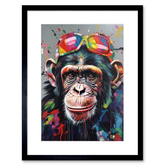 Artery8 Wall Art Print Chimpanzee With Rainbow Sunglasses Modern Pop Artwork Framed 9X7 Inch 1