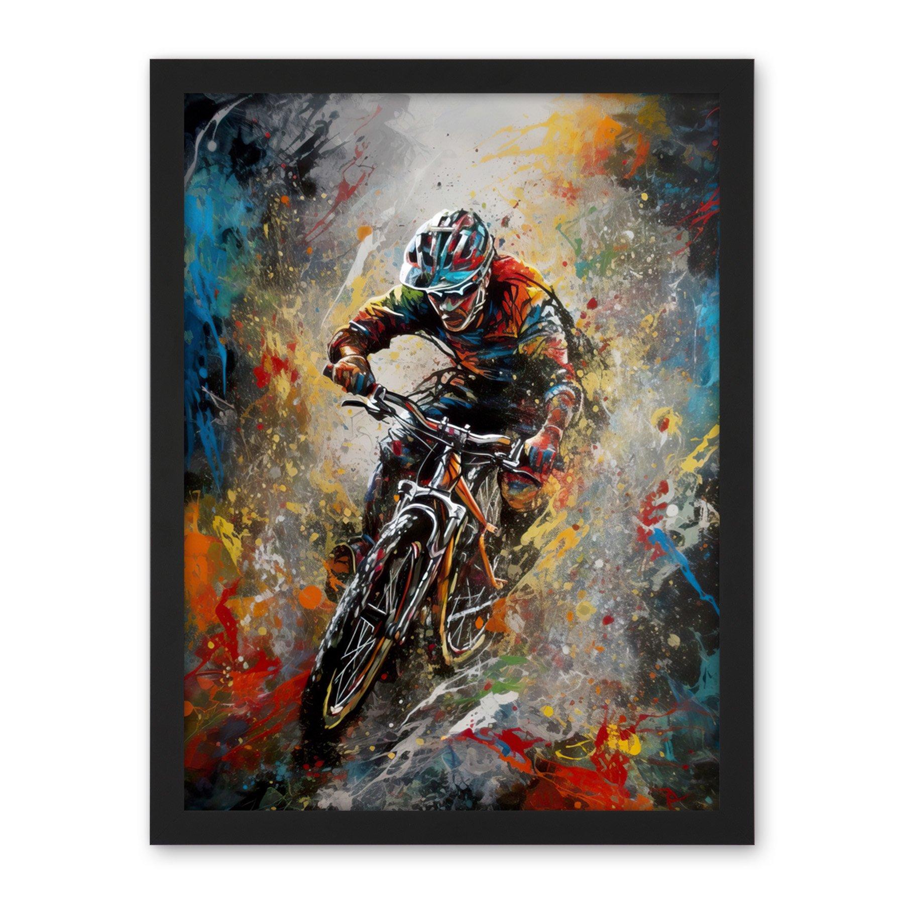 Mountain Biker Paint Splat Action Shot Portrait Artwork Framed Wall Art Print 18X24 Inch