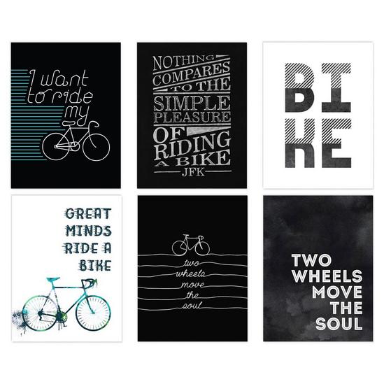 Wee Blue Coo Pack of 6 Love Cycling Bicycle Theme Quote Black and White Bike Typography Unframed Wall Art Living Room Prints Set 1