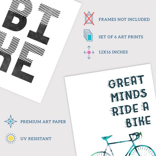 Wee Blue Coo Pack of 6 Love Cycling Bicycle Theme Quote Black and White Bike Typography Unframed Wall Art Living Room Prints Set 4