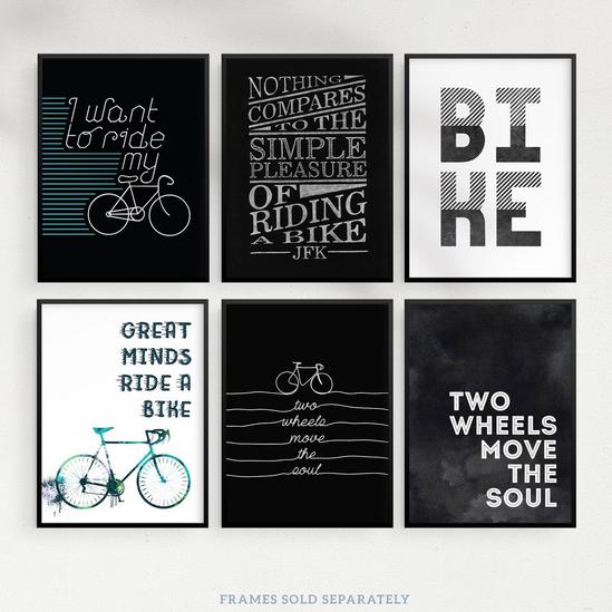 Wee Blue Coo Pack of 6 Love Cycling Bicycle Theme Quote Black and White Bike Typography Unframed Wall Art Living Room Prints Set 5