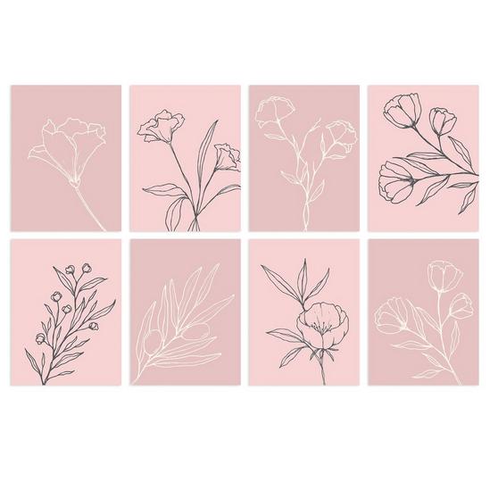 Wee Blue Coo Pack of 8 Pastel Pink Line Art Wildflower Outline Modern Floral Unframed Wall Art Living Room Prints Set 1