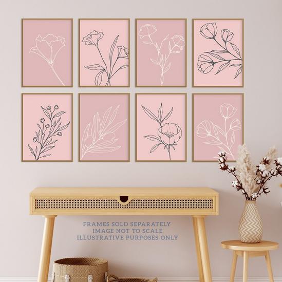 Wee Blue Coo Pack of 8 Pastel Pink Line Art Wildflower Outline Modern Floral Unframed Wall Art Living Room Prints Set 2