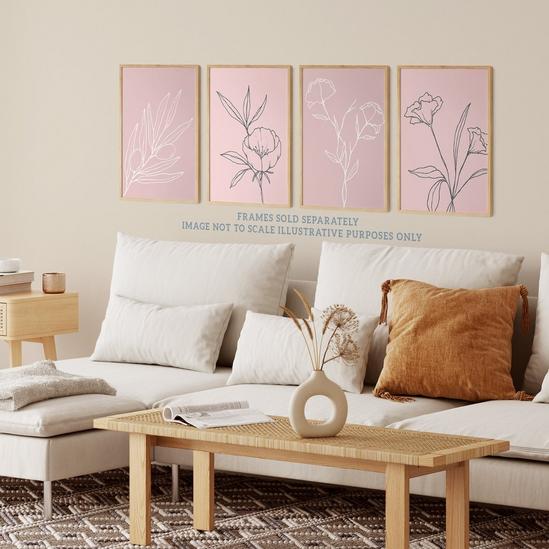 Wee Blue Coo Pack of 8 Pastel Pink Line Art Wildflower Outline Modern Floral Unframed Wall Art Living Room Prints Set 3