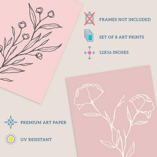 Wee Blue Coo Pack of 8 Pastel Pink Line Art Wildflower Outline Modern Floral Unframed Wall Art Living Room Prints Set 4