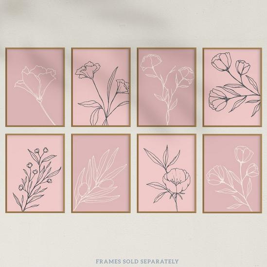 Wee Blue Coo Pack of 8 Pastel Pink Line Art Wildflower Outline Modern Floral Unframed Wall Art Living Room Prints Set 5