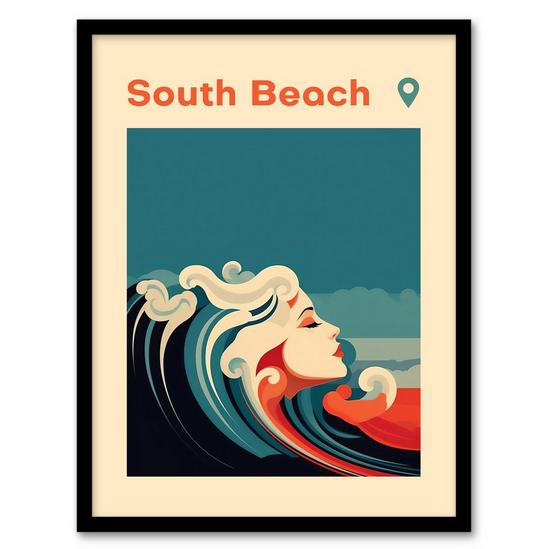 Artery8 Wall Art Print The Seaside Calls South Beach Miami Florida USA Modern Woman of the Waves Sea Siren Ocean Art Framed 1