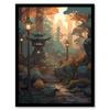 Artery8 Traditional Japan Garden Painting Path with Stone Lanterns Orange Green Pastel Colour Autumn Sunset Landscape Art Print Framed Poster Wall Decor thumbnail 1