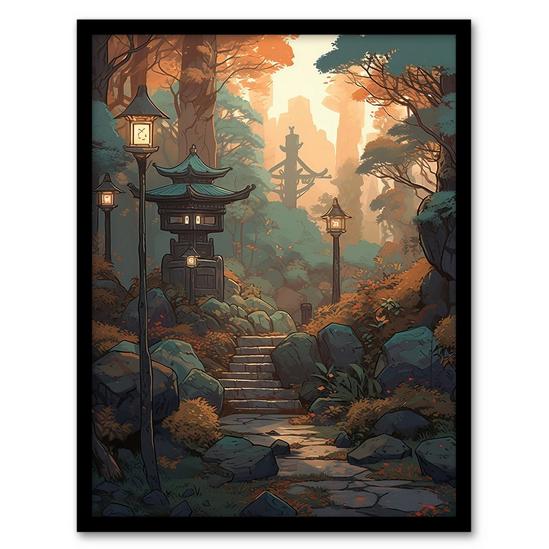 Artery8 Traditional Japan Garden Painting Path with Stone Lanterns Orange Green Pastel Colour Autumn Sunset Landscape Art Print Framed Poster Wall Decor 1