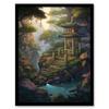 Artery8 Wall Art Print Japan Garden Painting Traditional Tower and Tree Lanterns by Lake Spring Flowers and Bridge Art Framed thumbnail 1
