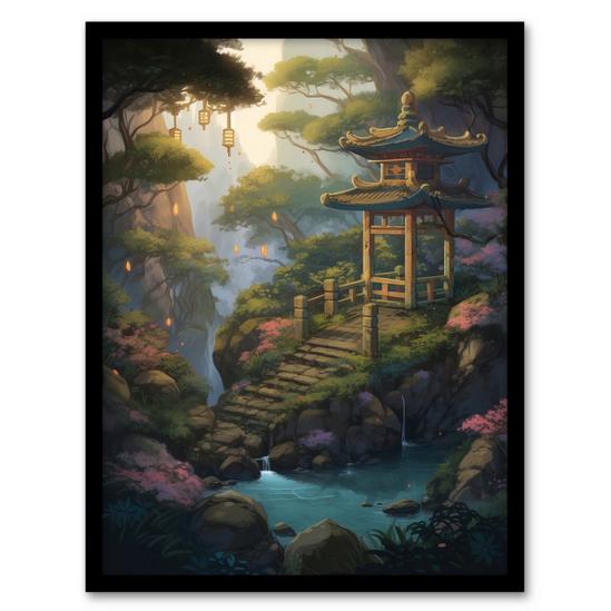 Artery8 Wall Art Print Japan Garden Painting Traditional Tower and Tree Lanterns by Lake Spring Flowers and Bridge Art Framed 1