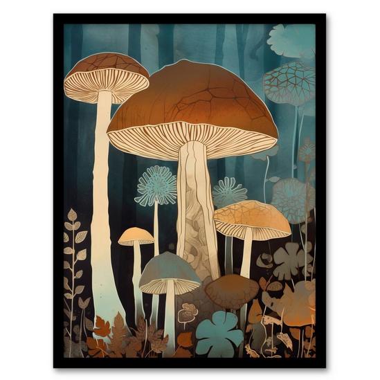 Artery8 Cep Mushroom Earthy Aesthetic Modern Blue Brown Art Print Framed Poster Wall Decor 12x16 inch 1