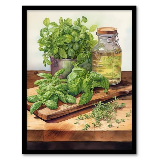 Artery8 Country Kitchen Art Watercolour Basil Herb Still Life Study Painting Art Print Framed Poster Wall Decor 12x16 inch 1