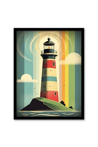 Product Modern Stylised Lighthouse Flat Style Multicoloured Seascape Illustration Art Print Framed Poster Wall Decor 12x16 inch Black