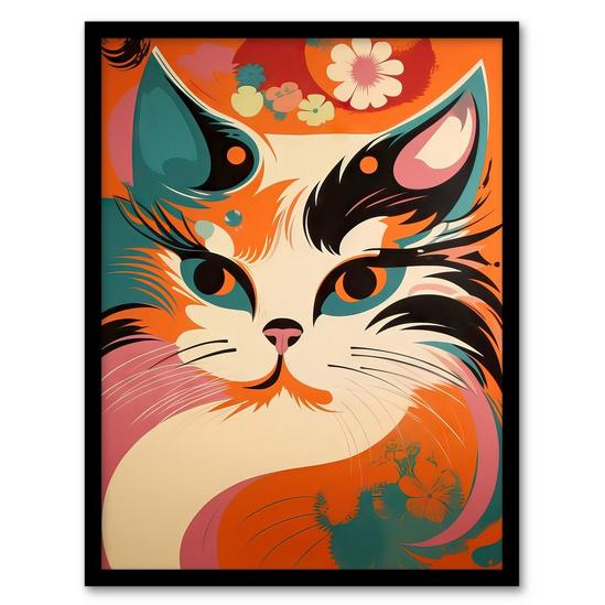 Artery8 Wall Art Print Cat Graphic 1960s Painting Orange Blue Teal Pink Floral Retro Boho Animal Portrait Art Framed 1