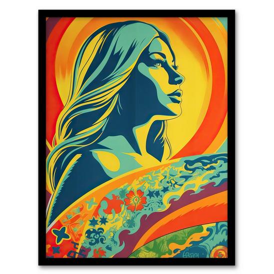 Artery8 Wall Art Print Girl Surfer Aesthetic Sunset Surfing Floral Surf Board Vibrant Bold Bright Colourful Painting Art Framed 1