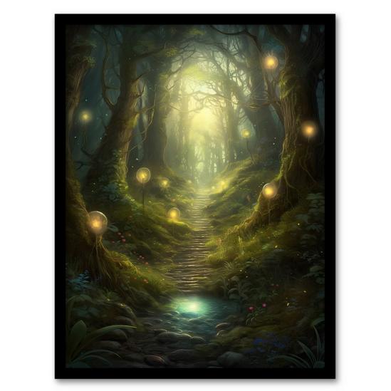 Artery8 Wall Art Print Enchanted Forest Path Oil Painting Fantasy Landscape Fairy Land Lanterns Moss Covered Trees Colourful Magical Nature Mystical Modern Art Framed 1