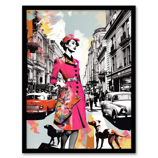 Artery8 Wall Art Print London Woman In Pink Retro Glam Fashion Collage Artwork Stylish Dog Walk Busy Downtown Street Vibrant Colourful Bold Pop Art Modern Painting Art Framed 1