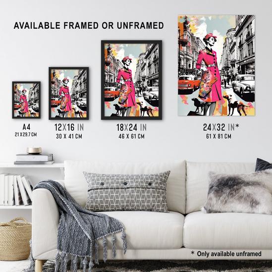 Artery8 London Woman In Pink Retro Glam Fashion Collage Artwork Stylish Dog Walk Busy Downtown Street Vibrant Colourful Bold Pop Art Modern Painting Art Print Framed Poster Wall Decor 3