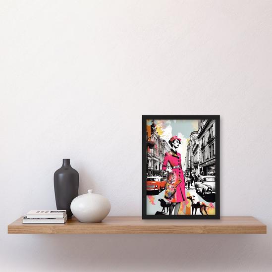 Artery8 London Woman In Pink Retro Glam Fashion Collage Artwork Stylish Dog Walk Busy Downtown Street Vibrant Colourful Bold Pop Art Modern Painting Art Print Framed Poster Wall Decor 4