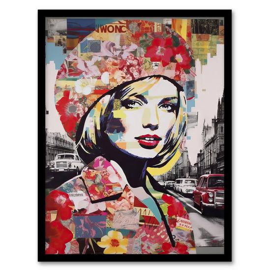 Artery8 London Floral Fashion Retro Advert Collage Artwork Woman Portrait In Busy Street Vibrant Colourful Bold Pop Art Modern Painting Art Print Framed Poster Wall Decor 1