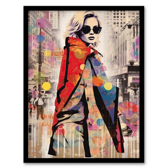 Artery8 Wall Art Print New York Fashion Advert Picture Collage Artwork Woman Colour Fashion Stands Out In Grey City Vibrant Colourful Bold Pop Art Modern Painting Art Framed 1