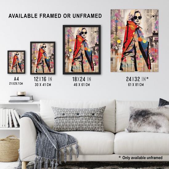 Artery8 Wall Art Print New York Fashion Advert Picture Collage Artwork Woman Colour Fashion Stands Out In Grey City Vibrant Colourful Bold Pop Art Modern Painting Art Framed 3
