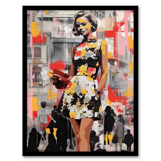 Artery8 Vintage Woman Spring Fashion Advert Picture Collage Acrylic Red Yellow Pink Artwork Vibrant Colourful Bold Pop Art Modern Painting Art Print Framed Poster Wall Decor 1