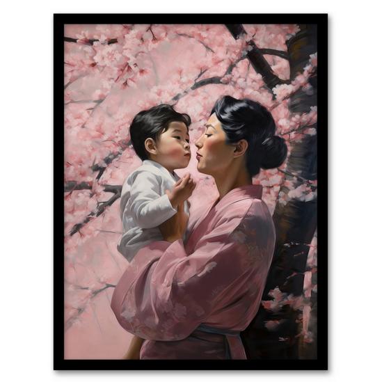 Artery8 Wall Art Print Madame Butterfly Opera Mother And Son Under Cherry Blossom Tree Under Pink Flower Blooms Art Framed 1