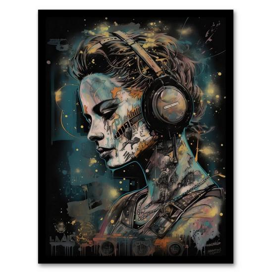 Artery8 Psychobilly Music Artwork Teal Blue Orange Rockabilly Punk Rock Woman With Headphones Art Print Framed Poster Wall Decor 1