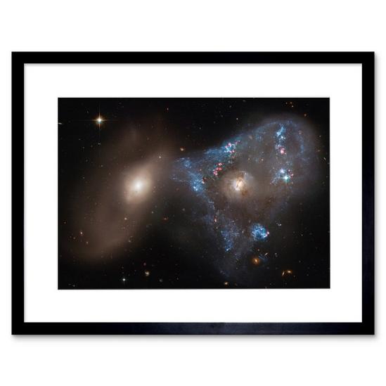 Artery8 Wall Art Print Hubble Space Astronomy ARP 143 Cosmic Battle In A Spectacular Collision Between Two Galaxies The Blue Star-Forming Spiral NGC 2445 And NGC 2444 Artwork Framed 9X7 Inch 1