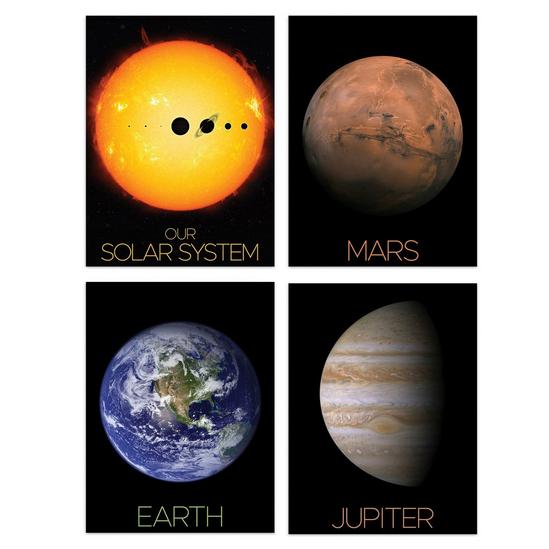 Artery8 Wall Art Print Pack of 4 NASA Our Solar System The Sun and Planets Size Comparison Mars Earth Jupiter Images Living Room s Set 1