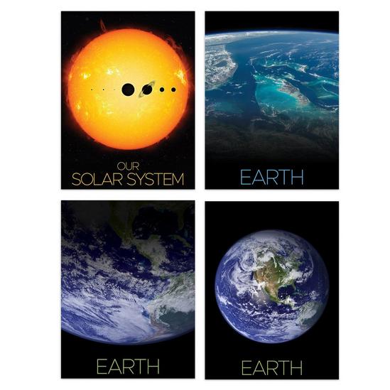 Artery8 Wall Art Print Pack of 4 NASA Our Solar System The Sun and Planet Earth Images from Space ISS Blue Marble Living Room s Set 1