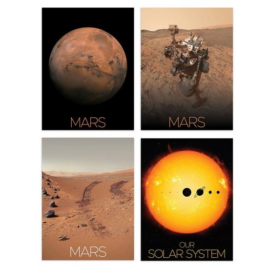 Artery8 Pack of 4 NASA Our Solar System The Sun and Mars Images Curiosity Rover Red Planet Surface Exploration Unframed Wall Art Living Room Prints Set 1
