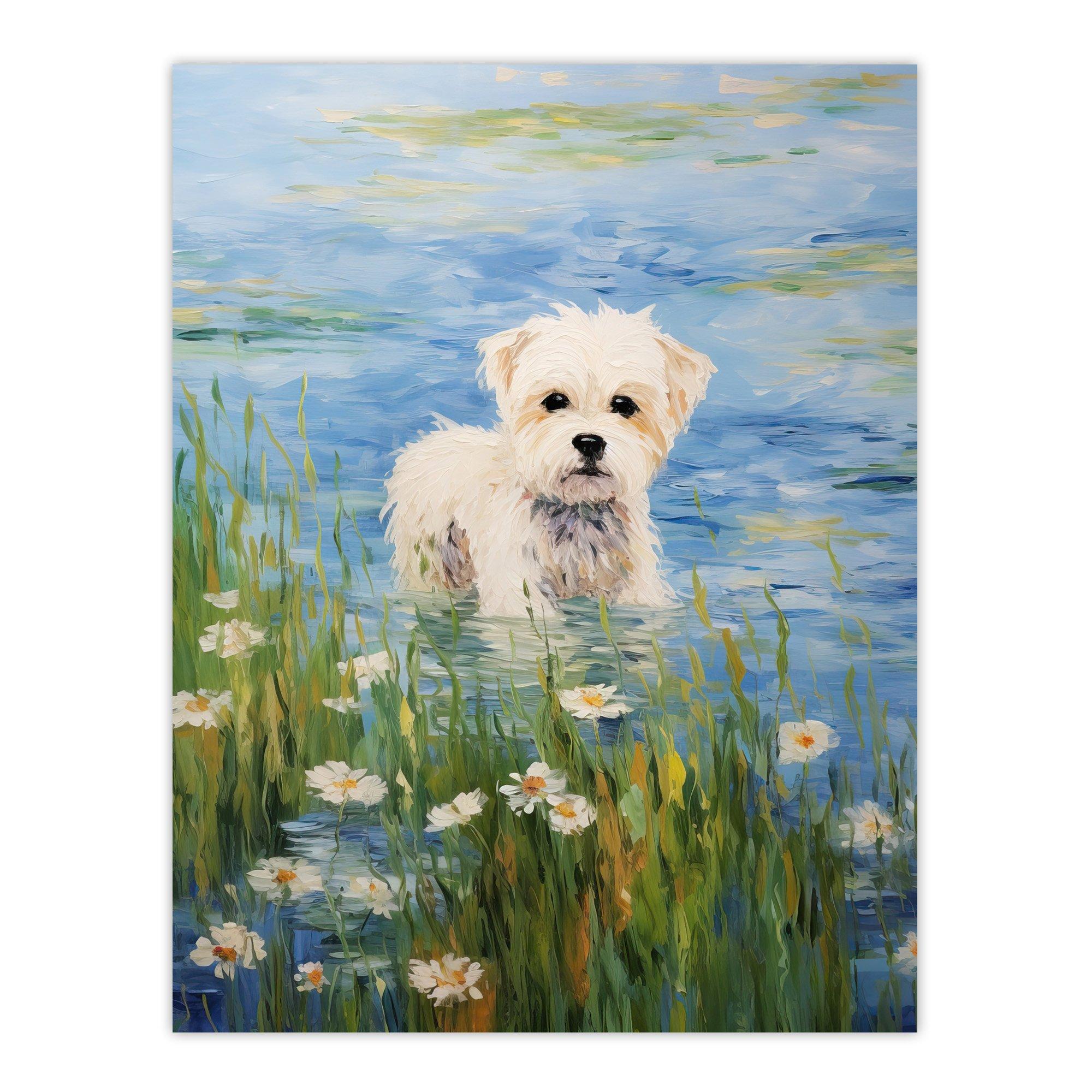 maltese dog claude monet style oil painting portrait in lake by wildflowers large wall unframed art poster print thick paper 18x24 inch