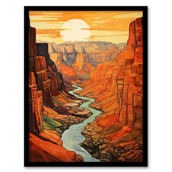 Artery8 Wall Art Print Sunset At Grand Canyon Oil Painting Warm Colours USA National Park Gorge Art Framed 1
