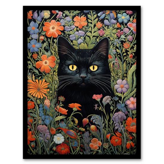 Artery8 Black Cat In Wildflower Meadow Flowers Floral Design Illustration Art Print Framed Poster Wall Decor 1