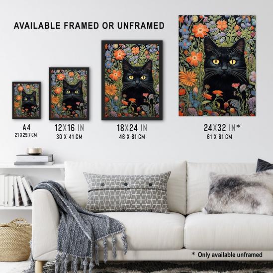 Artery8 Black Cat In Wildflower Meadow Flowers Floral Design Illustration Art Print Framed Poster Wall Decor 3