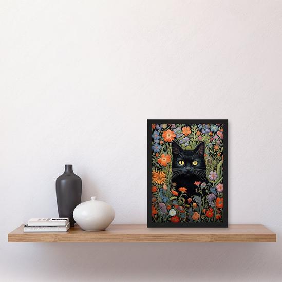 Artery8 Black Cat In Wildflower Meadow Flowers Floral Design Illustration Art Print Framed Poster Wall Decor 4