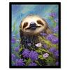Artery8 Wall Art Print Carefree Sloth in a Field of Lavender Daisies Oil Painting Enjoying the Spring Rain Kids Bedroom Art Framed thumbnail 1