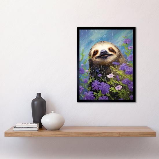 Artery8 Wall Art Print Carefree Sloth in a Field of Lavender Daisies Oil Painting Enjoying the Spring Rain Kids Bedroom Art Framed 2
