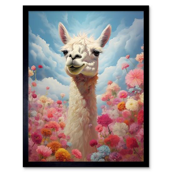 Artery8 Wall Art Print Happy Llama Peeking Head Over Pink Flowers Bright Colourful Artwork Kids Bedroom Dreamy Spring Meadow Art Framed 1
