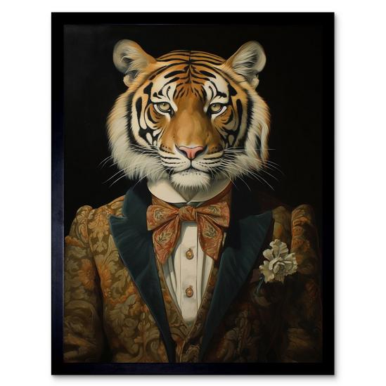 Artery8 Wall Art Print Victorian Tiger in William Morris Style Pattern Dinner Jacket Conceptual Portrait Artwork Elegant Floral Pattern Bow Tie and Boutonnière Art Framed 1